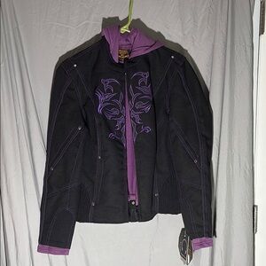 Black and Purple Bomber Jacket with Stand-Up Collar
